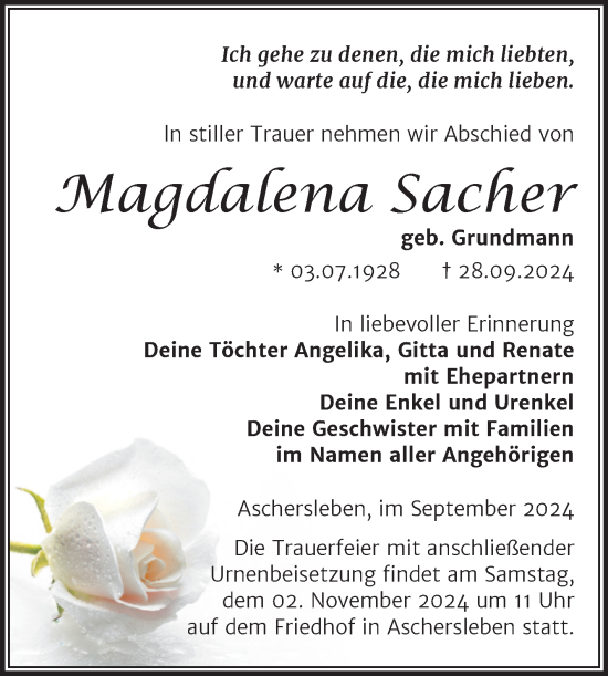 Traueranzeige von Magdalena Sacher von Trauerkombi Aschersleben