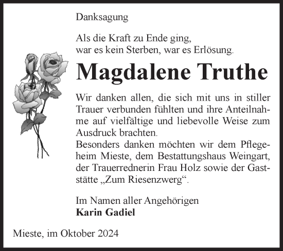 Traueranzeige von Magdalene Truthe von Volksstimme Altmark West