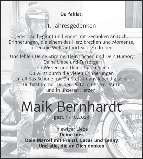 Traueranzeige von Maik Bernhardt von Trauerkombi Wittenberg
