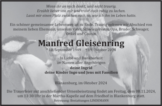 Traueranzeige von Manfred Gleisenring von Volksstimme Wernigerode