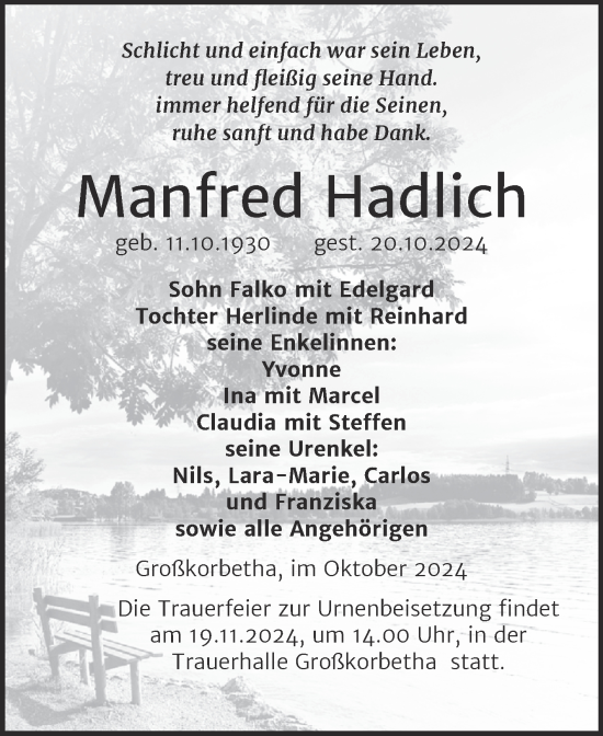 Traueranzeige von Manfred Hadlich von Trauerkombi Weißenfels