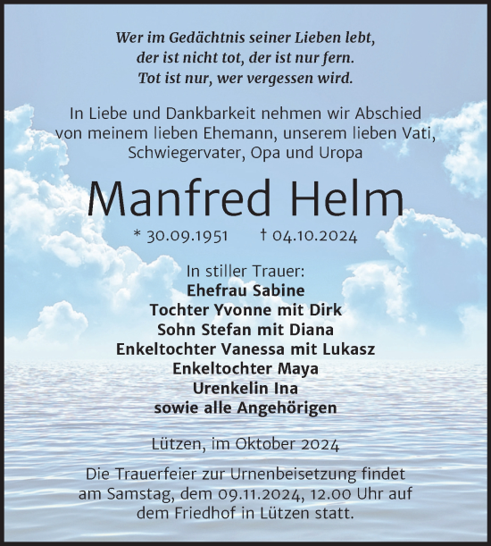 Traueranzeige von Manfred Helm von Trauerkombi Weißenfels