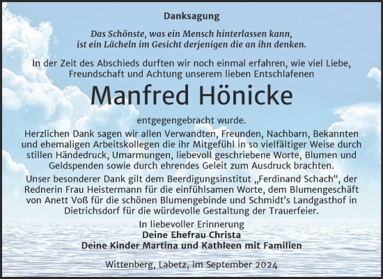 Traueranzeige von Manfred Hönicke von Trauerkombi Wittenberg