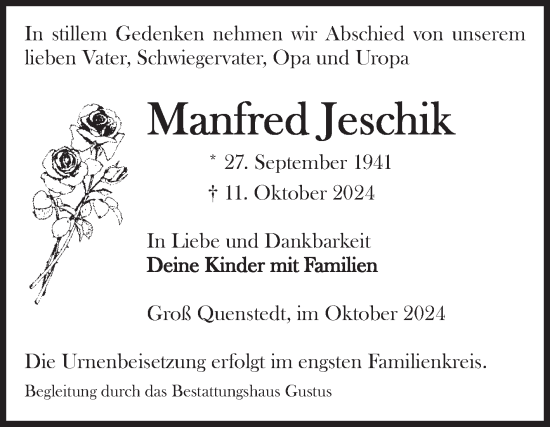 Traueranzeige von Manfred Jeschik von Volksstimme Halberstadt