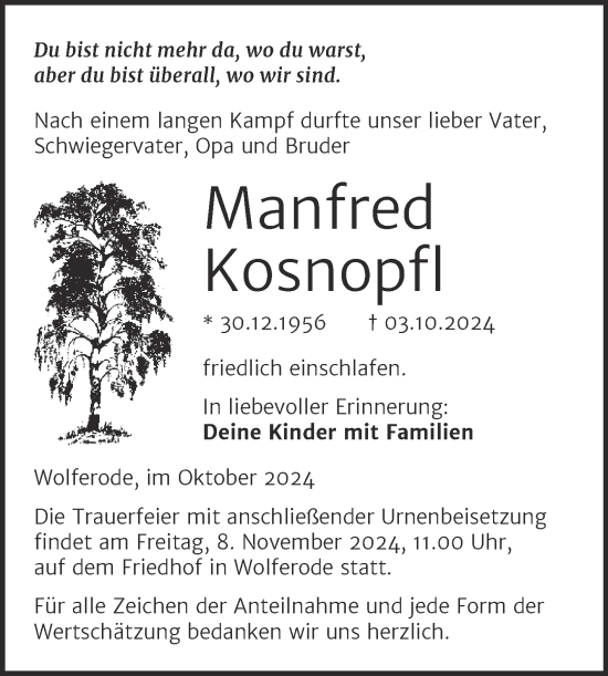 Traueranzeige von Manfred Kosnopfl von Trauerkombi Mansfelder Land