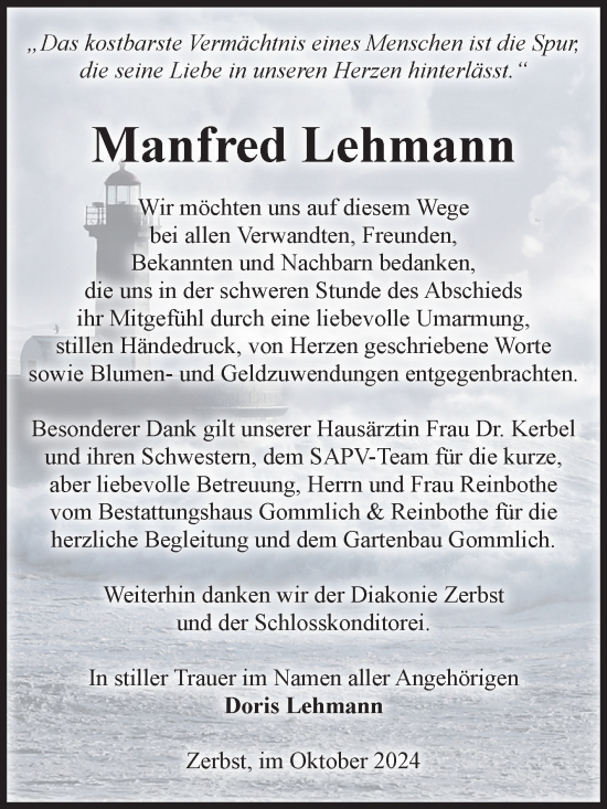 Traueranzeige von Manfred Lehmann von Volksstimme Zerbst