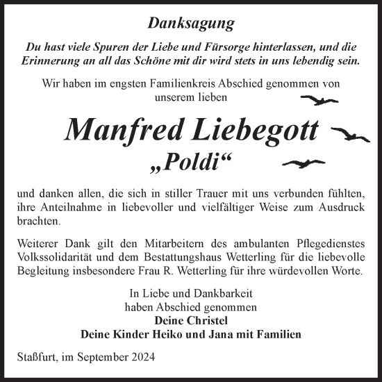 Traueranzeige von Manfred Liebegott von Volksstimme Staßfurt