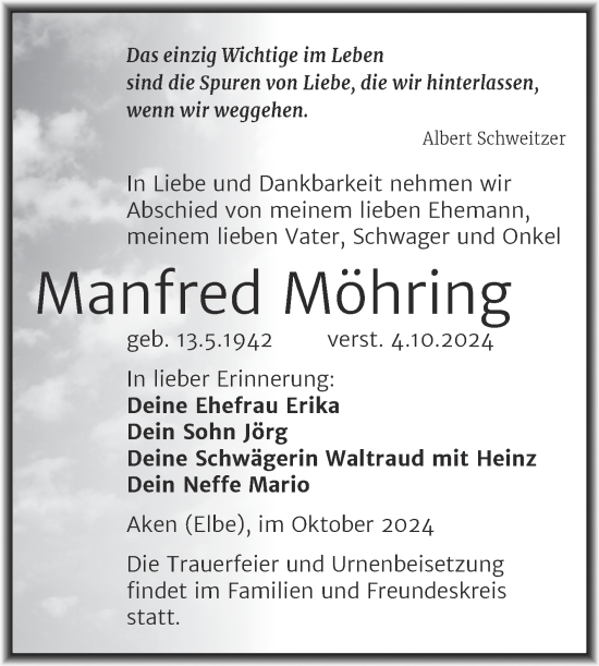 Traueranzeige von Manfred Möhring von Trauerkombi Köthen