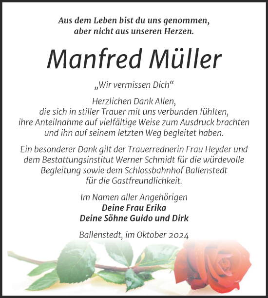 Traueranzeige von Manfred Müller von Trauerkombi Quedlinburg