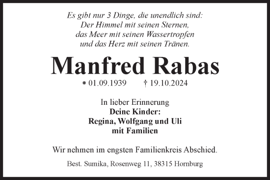 Traueranzeige von Manfred Rabas von Volksstimme Halberstadt