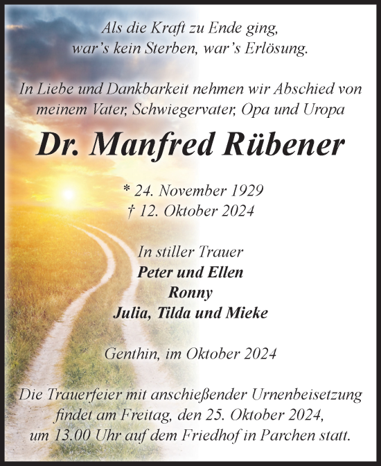 Traueranzeige von Manfred Rübener von Volksstimme Burg/Genthin