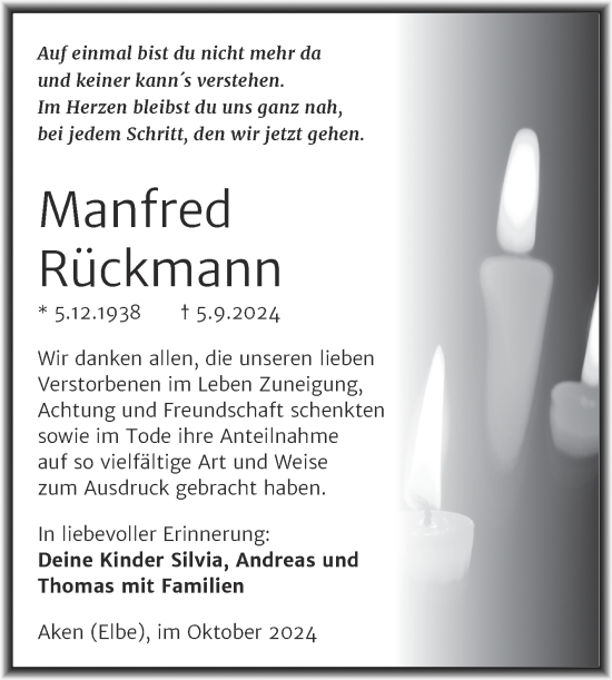 Traueranzeige von Manfred Rückmann von Trauerkombi Köthen