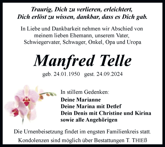 Traueranzeige von Manfred Telle von Trauerkombi Quedlinburg
