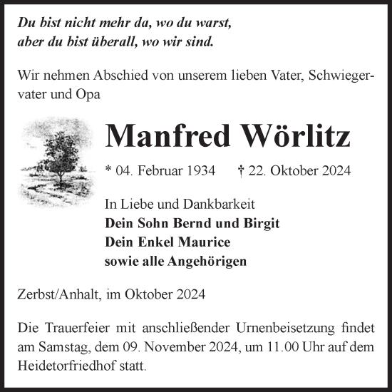 Traueranzeige von Manfred Wörlitz von Volksstimme Zerbst