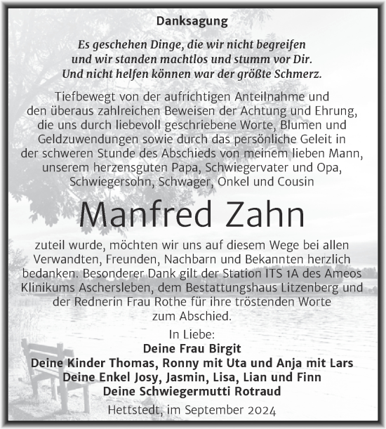 Traueranzeige von Manfred Zahn von Trauerkombi Mansfelder Land