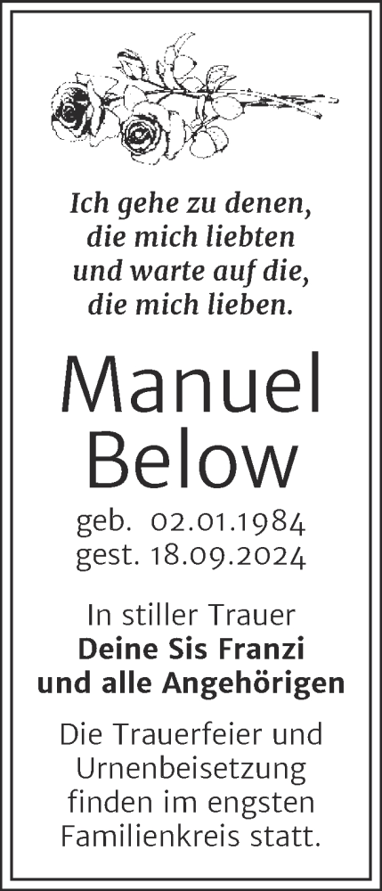 Traueranzeige von Manuel Below von Trauerkombi Köthen