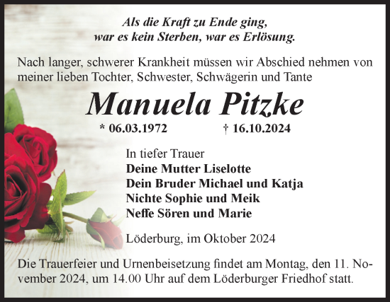 Traueranzeige von Manuela Pitzke von Volksstimme Staßfurt