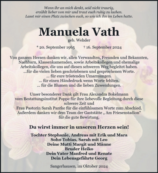 Traueranzeige von Manuela Vath von Trauerkombi Sangerhausen