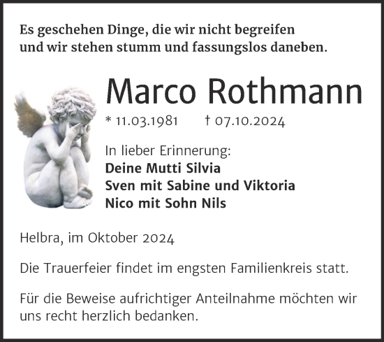 Traueranzeige von Marco Rothmann von Trauerkombi Mansfelder Land