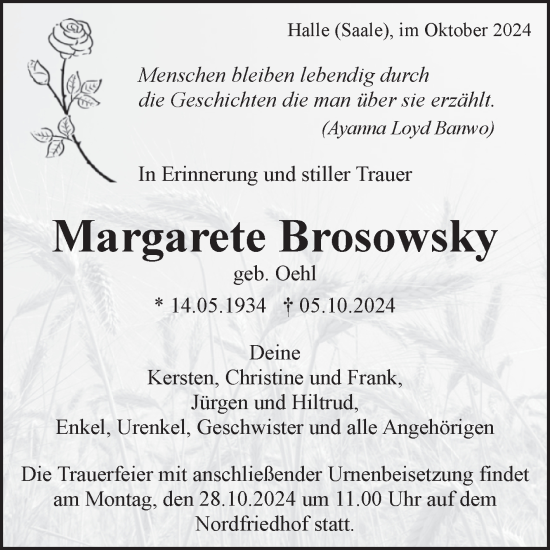 Traueranzeige von Margarete Brosowsky von Mitteldeutsche Zeitung Halle/Saalkreis