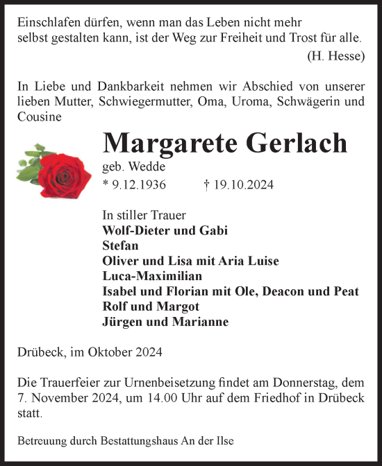 Traueranzeige von Margarete Gerlach von Volksstimme Wernigerode