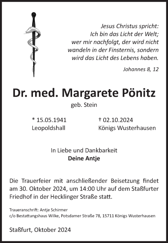 Traueranzeige von Margarete Pönitz von Volksstimme Staßfurt