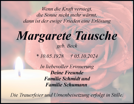 Traueranzeige von Margarete Tausche von Trauerkombi Bitterfeld