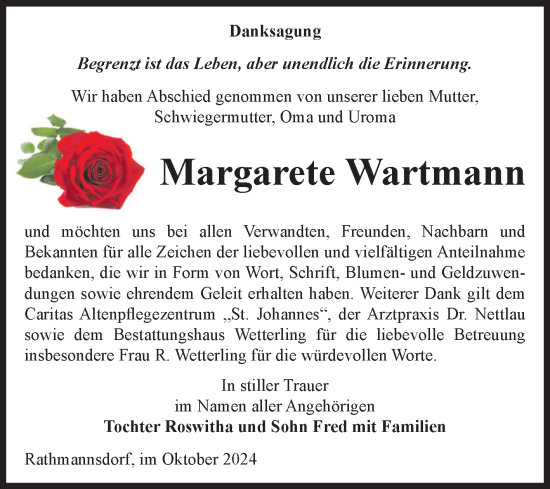 Traueranzeige von Margarete Wartmann von Volksstimme Staßfurt