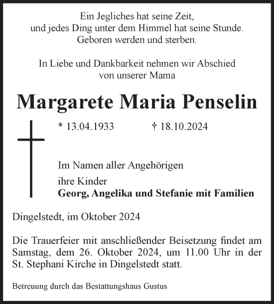 Traueranzeige von Margarete Maria Penselin von Volksstimme Halberstadt