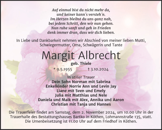 Traueranzeige von Margit Albers von Trauerkombi Köthen