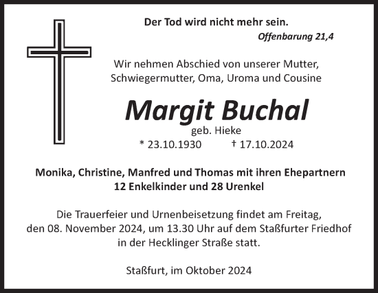 Traueranzeige von Margit Buchal von Volksstimme Staßfurt