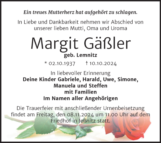 Traueranzeige von Margit Gäßler von Trauerkombi Bitterfeld