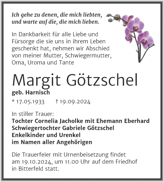Traueranzeige von margit Götzschel von Trauerkombi Bitterfeld