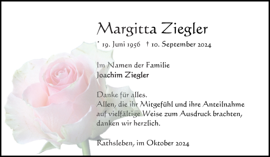 Traueranzeige von Margitta Ziegler von Volksstimme Altmark Ost