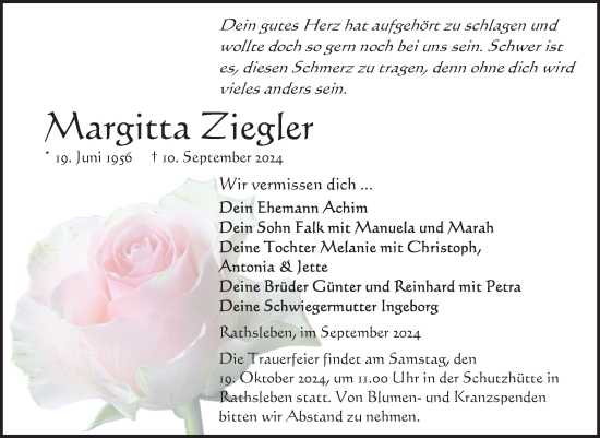 Traueranzeige von Margitta Ziegler von Volksstimme Altmark Ost