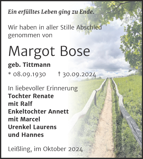 Traueranzeige von Margot Bose von Trauerkombi Weißenfels