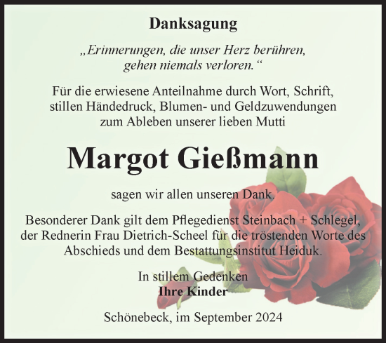 Traueranzeige von Margot Gießmann von Volksstimme Schönebeck