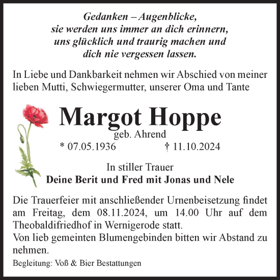 Traueranzeige von Margot Hoppe von Volksstimme Wernigerode