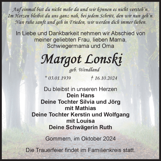 Traueranzeige von Margot Lonski von Volksstimme Burg/Genthin