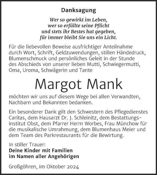 Traueranzeige von Margot Mank von Trauerkombi Weißenfels