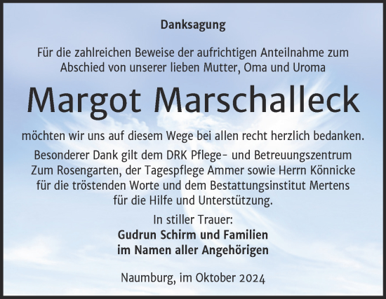 Traueranzeige von Margot Marschalleck von Naumburger Tageblatt