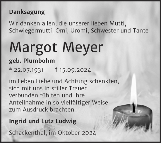 Traueranzeige von Margot Meyer von Trauerkombi Aschersleben