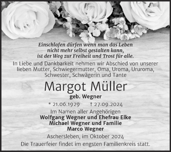 Traueranzeige von Margot Müller von Trauerkombi Aschersleben