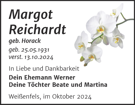 Traueranzeige von Margot Reichardt von Trauerkombi Weißenfels