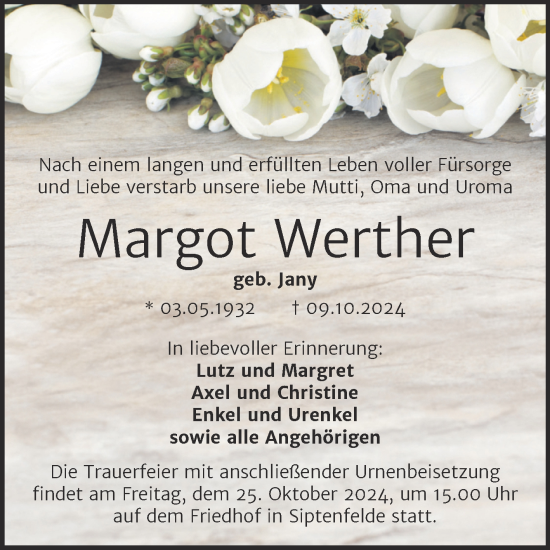 Traueranzeige von Margot Werther von Trauerkombi Quedlinburg