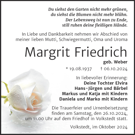 Traueranzeige von Margrit Friedrich von Trauerkombi Mansfelder Land