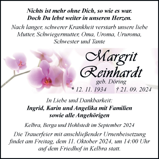 Traueranzeige von Margrit Reinhardt von Trauerkombi Sangerhausen