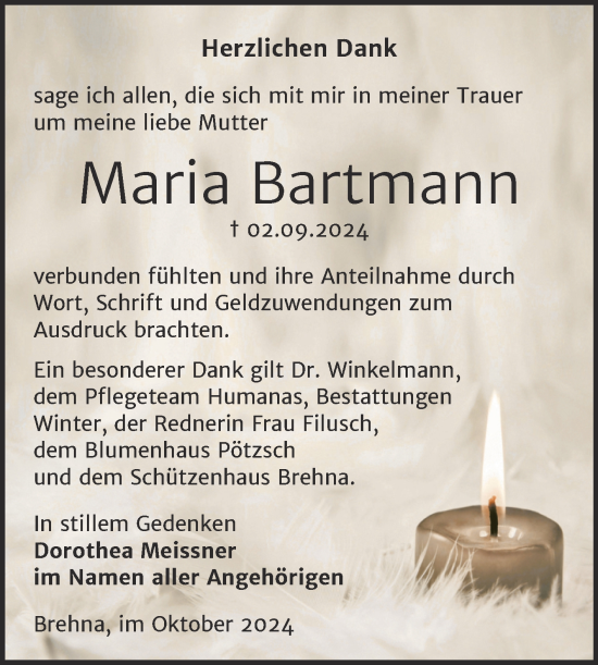 Traueranzeige von Maria Bartmann von Trauerkombi Bitterfeld