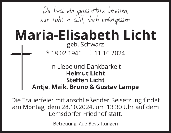 Traueranzeige von Maria-Elisabeth Licht von Volksstimme Magdeburg