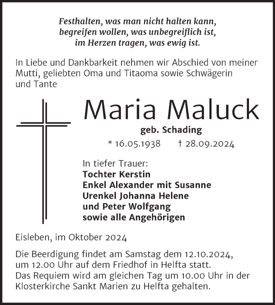 Traueranzeige von Maria Maluck von Trauerkombi Mansfelder Land